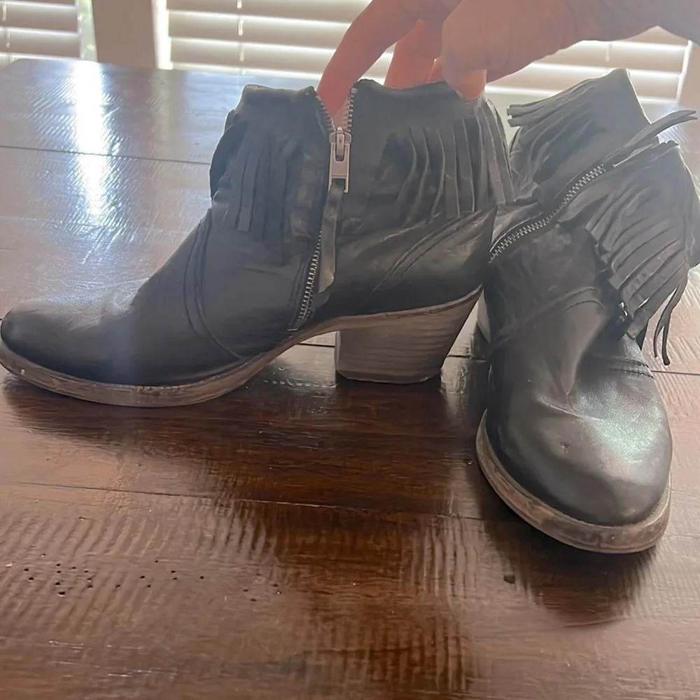 All Saints -“Bonny Cuban” black fringe leather booties